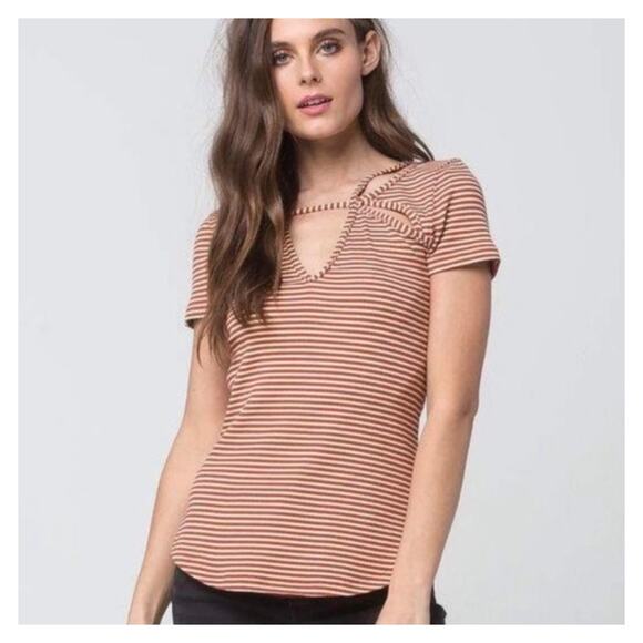 FREE PEOPLE Orange & White Frenchie Striped Cutout Tee Sz Large - Picture 2 of 7